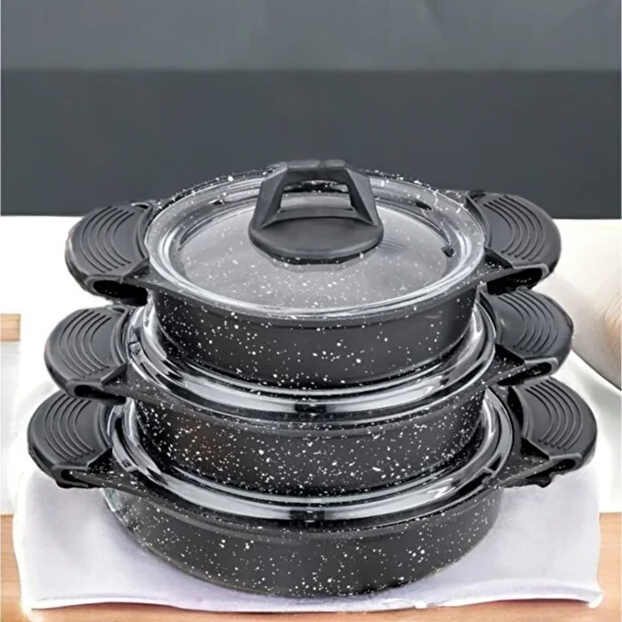 3-Piece Cast Granite Pan Set with Pyrex Lids and Silicone Handles