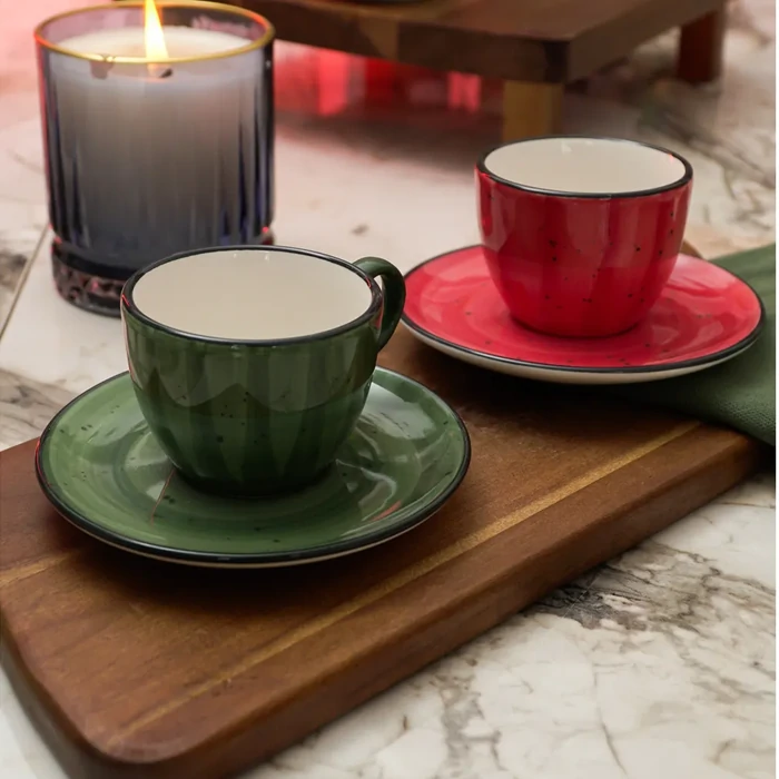 Alya Porcelain Hand-Decorated 4-Piece Coffee Set for 2 Persons - Red Green