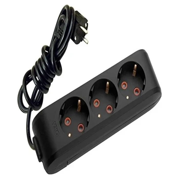 Multi-Led Black 3-Plug Socket with 2m Cable - Childproof Ground Terminal Block