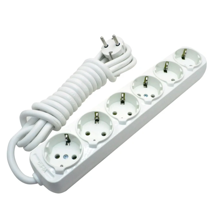 Six-Plus Grounded Group Socket White with 3m Cable - 250V, 16A, Earthed