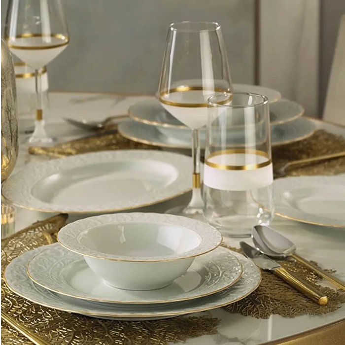 51-Piece Gold Mesh Dinner Set - Porcelain - Classic White - Kahruman