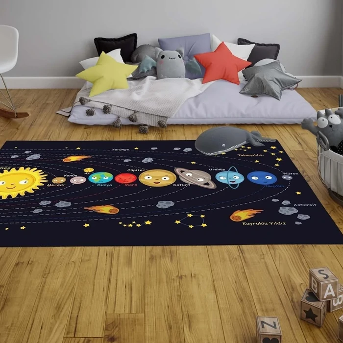 Digital Printed Non-Slip Washable Educational Planet Children's Carpet