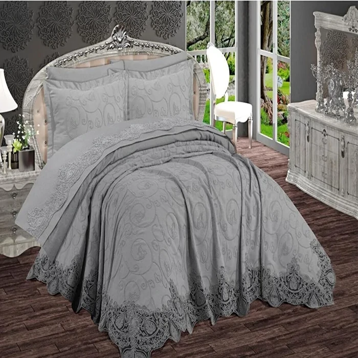 products/Boğaziçi 6 Piece Chenille Embroidered Pique Set Gray | Queen Size Bedding