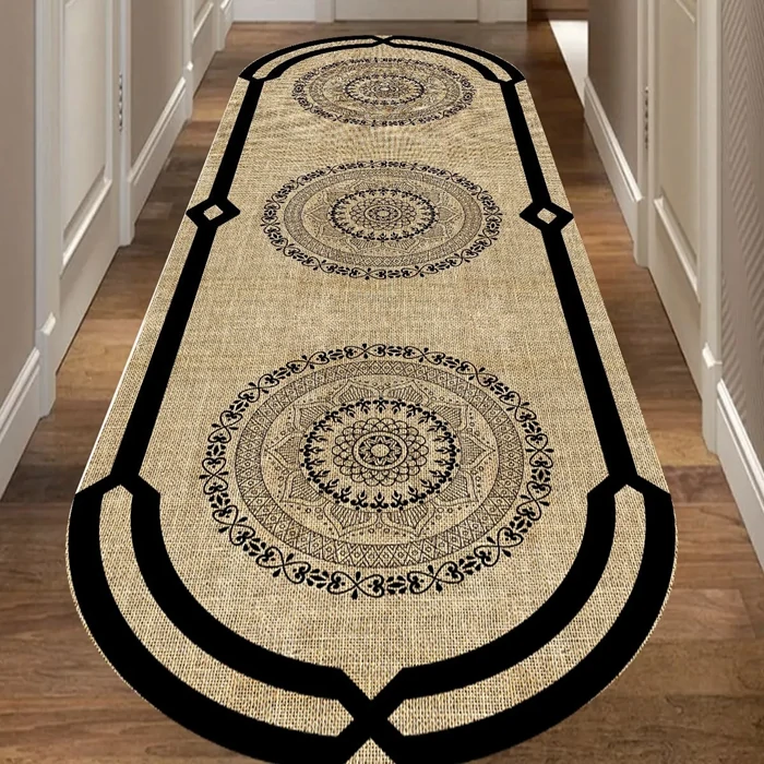Digital Non-Slip Washable Motif Black Oval Carpet