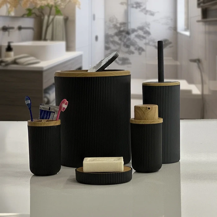 Auaro 5-Piece Black Striped Bamboo Covered Bathroom Set