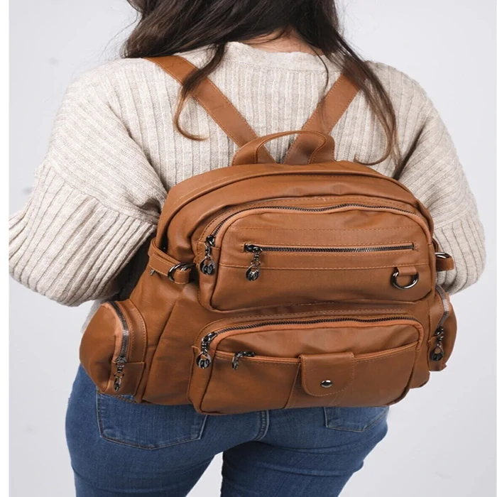 Women's Tan Washed Leather Backpack | Plus Size | Kahruman