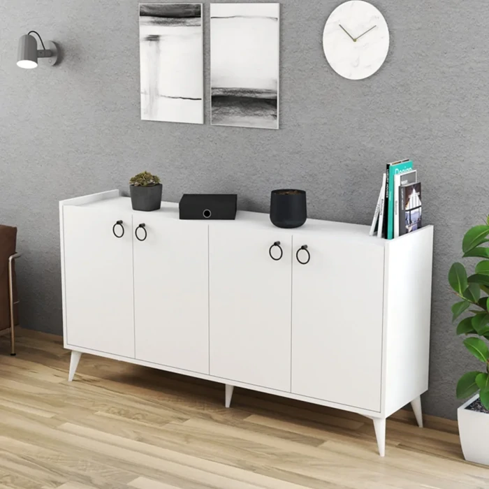 White Chipboard Console 165 cm Retro Style - Dining & Living Room Unit