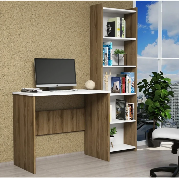 Study Desk Bookcase White-walnut | 90cm x 45cm Table | Chipboard | Kahruman