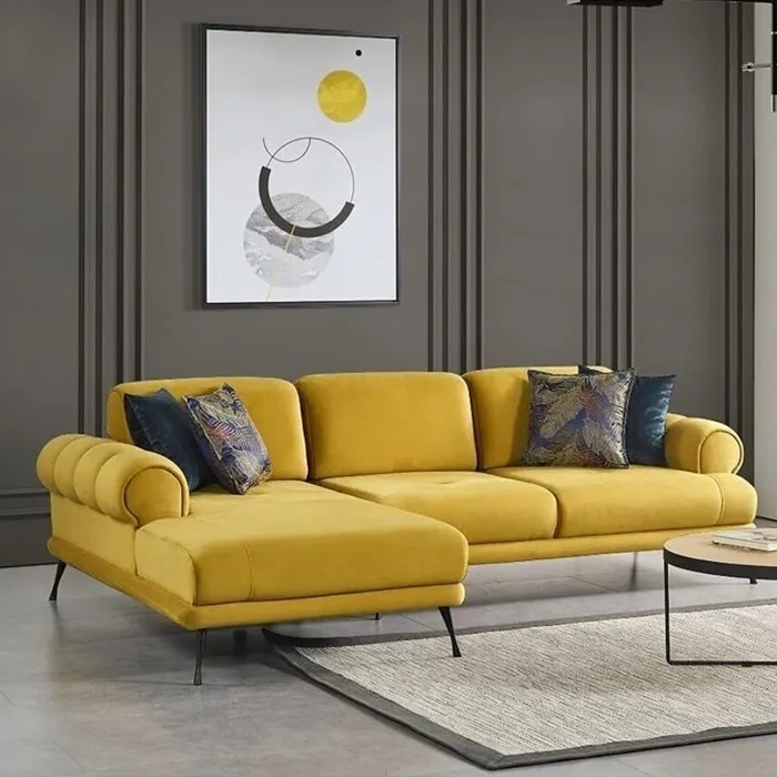 Customizable Pera Left Corner Sofa - Velvet Fabric, Metal Legs