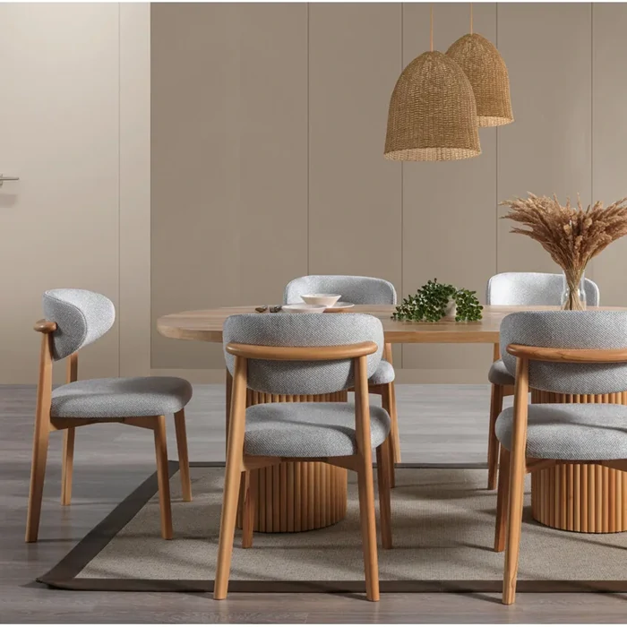 Bohemian Dining Table Set, Solid Oak Veneer, 6 Chairs