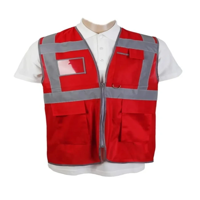 Engineer Type Warning Vest with Phosphorescent Reflector - Red