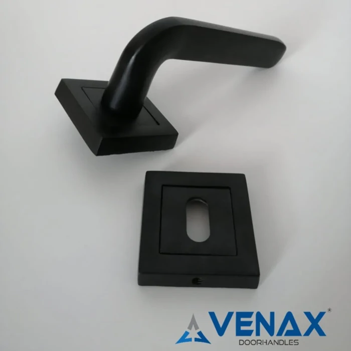 Helsinki Matte Black Door Handle with Square Rose. 1 Set