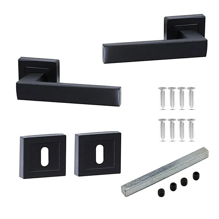 Matte Black Square Rose Door Handle – 1 Set (2 Handles + 2 Roses)